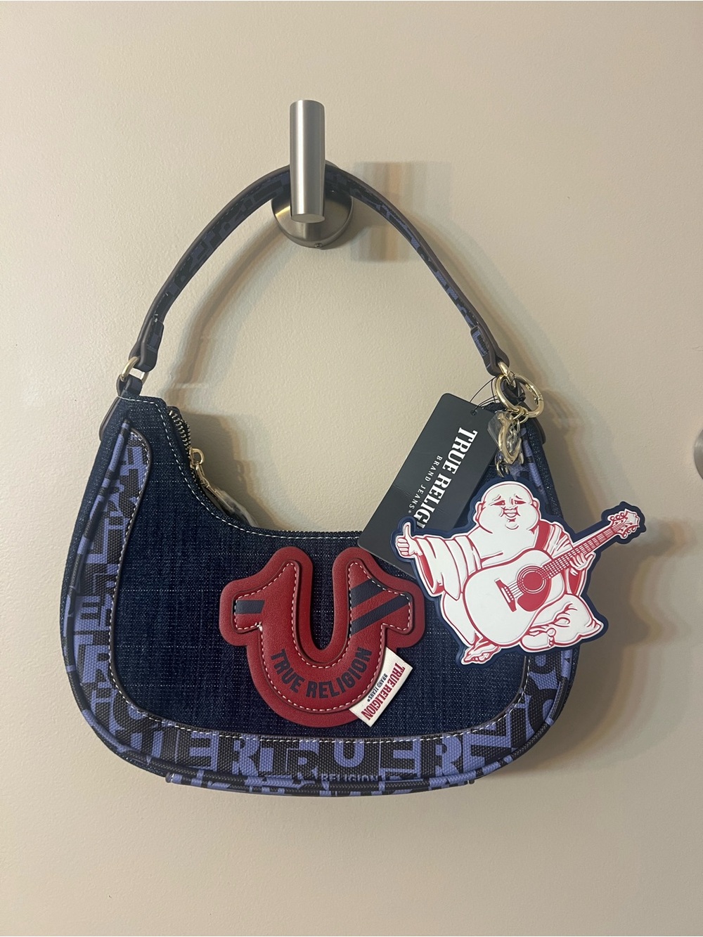 True Religion Navy Denim Shoulder Bag with Red Patch Accent